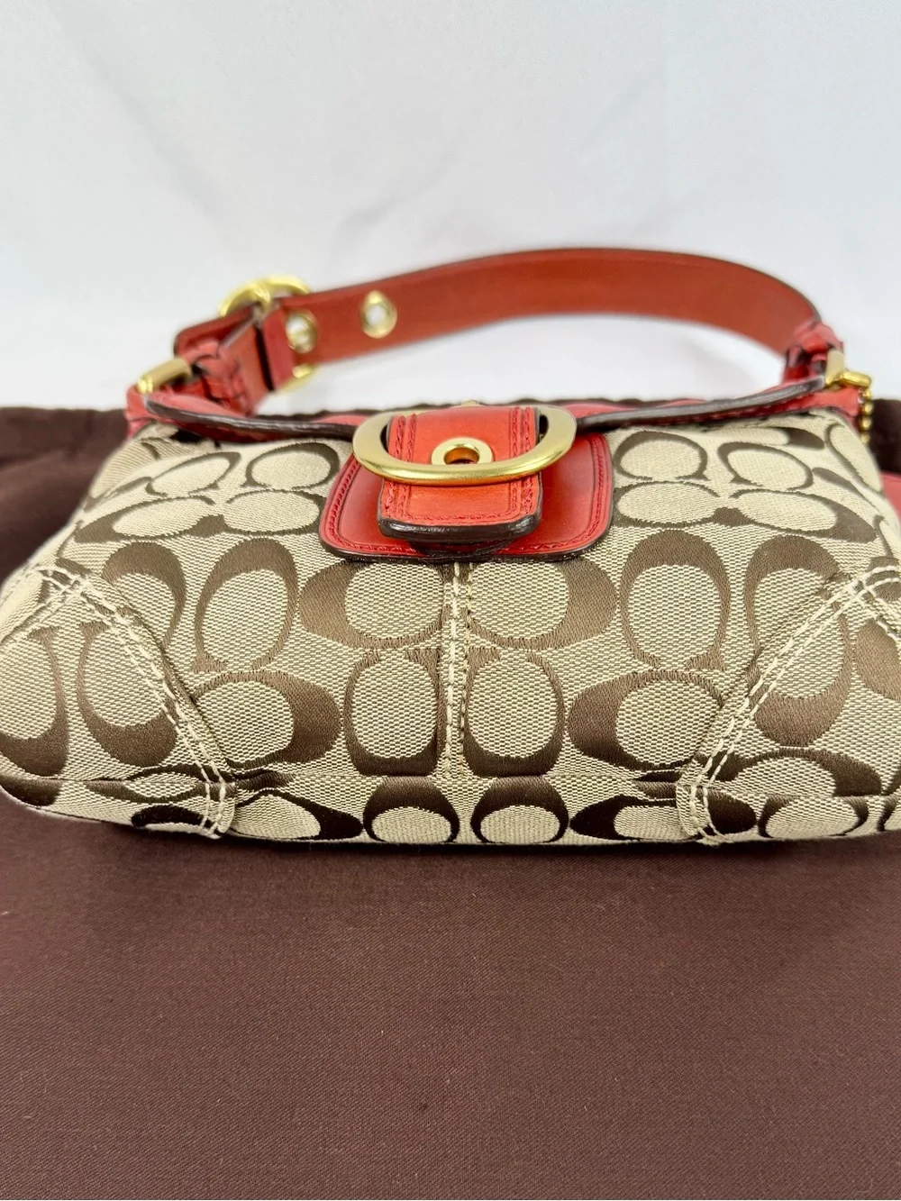 Coach Bleecker Red /Tan Leather Canvas Legacy Flap Soho Handbag #11441 EUC - Picture 3 of 10